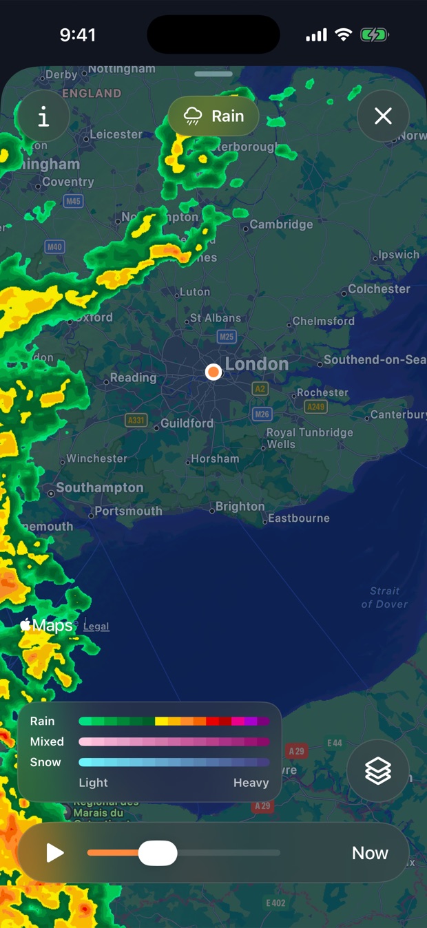 Solrise rain radar over London with a rain, mixed, and snow color legend and a playback bar